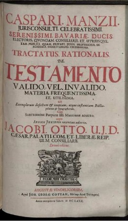 Caspari. Manzii. ... Tractatus. Rationalis. De. Testamento Valido. Vel. Invalido. : Materia. Frequentissima. Et. Utilissima.