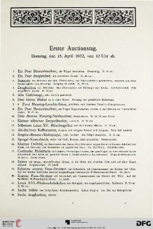 Erster Auctionstag. Dienstag, den 15. April 1902, von 10 Uhr ab (Nr. 1-155)