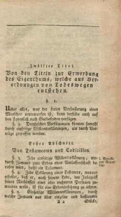 Zwölfter Titel. Von den Titeln zur Erwerbung des Eigenthums, welche aus Verordnungen von Todeswegen entstehen.