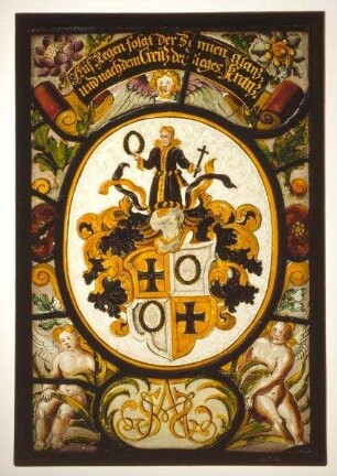 Kabinettscheibe mit geviertem Wappen im Oval (Deutschordenskreuz und Lorbeerkranz), von Blüten, Blättern und Putti umgeben, darunter Spiegelmonogramm für Jesus und Maria