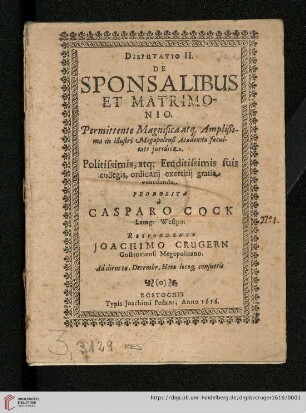 Disputatio II. De Sponsalibus Et Matrimonio