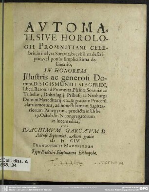 Automati, sive horologii Prominitiani celebris descriptio