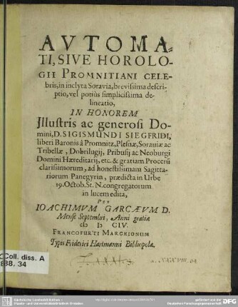 Automati, sive horologii Prominitiani celebris descriptio