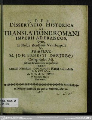 Dissertatio Historica De Translatione Romani Imperii Ad Francos
