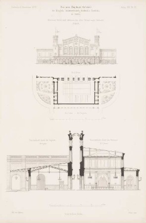 Niederschlesisch-Märkischer Bahnhof (Schlesischer Bahnhof, Ostbahnhof), Berlin: Grundriss Gartenanlage, Ansicht von Westen, Schnitt durch die Gepäckausgabe (aus: Atlas zur Zeitschrift für Bauwesen, hrsg. v. G. Erbkam, Jg. 20, 1870)