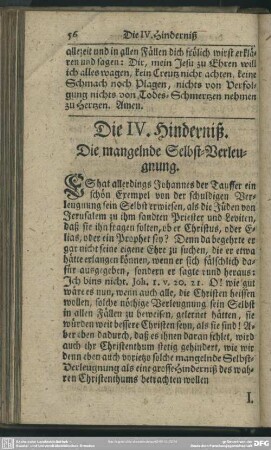 Die IV. Hinderniß. Die mangelnde Selbst-Verleugnung
