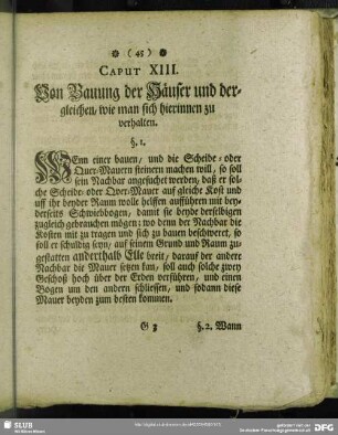 Caput XIII. Von Bauung der Häuser und dergleichen, wie man sich hierinnen zu verhalten