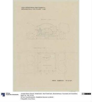 Hinterbrühl, Villa Friedmann, Brunnenhaus, Fassade und Grundriss