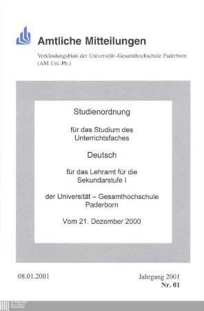 Studienordnung für das Studium des Unterrichtsfaches Deutsch für das Lehramt für die Sekundarstufe I der Universität-Gesamthochschule Paderborn : vom 21. Dezember 2000