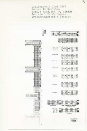 Wohnen in Ruhleben, Berlin-Ruhleben (Diplomarbeit bei Oswald Mathias Ungers): Typengrundrisse 1:200 und Schnitt 1:500