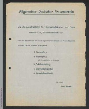 Allgemeiner Deutscher Frauenverein - Die Auskunftstelle für Gemeindeämter der Frau, Frankfurt am Main