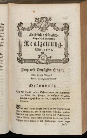 Zwey und Dreysigstes Stück; den 10ten August. Wien, 1775.