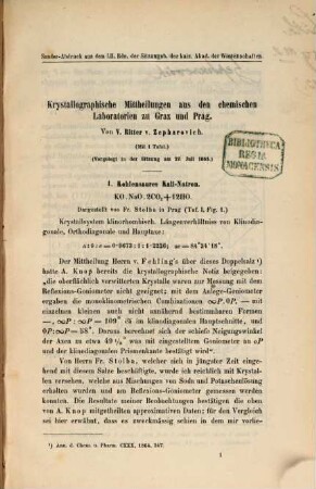 Separatabdrücke aus den Sitzungsberichten der Kais. Akademie der Wissenschaften in Wien, math.-naturwiss. Cl. : In 1 vol., 12