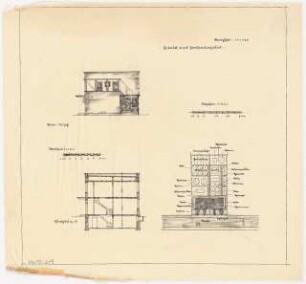 Zweifamilienhaus Monatskonkurrenz Februar 1930: Lageplan 1.500; Aufriss Seitenansicht, Querschnitt 1:100; Maßstabsleiste