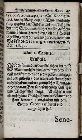 Das 2. Capittel. Einhalt, Senecæ Text.