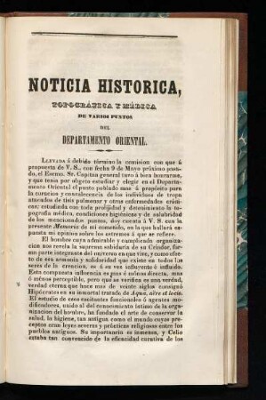 Noticia historica, topográfica y médica de varios puntos del Departamento Oriental.