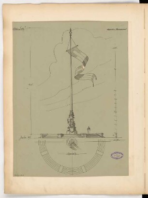 Flaggenmast mit Denkmalfuß Monatskonkurrenz Januar 1896: Grundriss, Ansicht 1:75; Maßstabsleiste