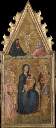 Thronende Madonna mit Kind und vier Heiligen, darüber Kreuzigung mit Maria und Johannes Ev.