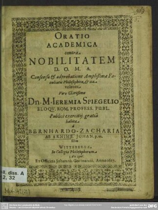 Oratio academica contra nobilitatem ...