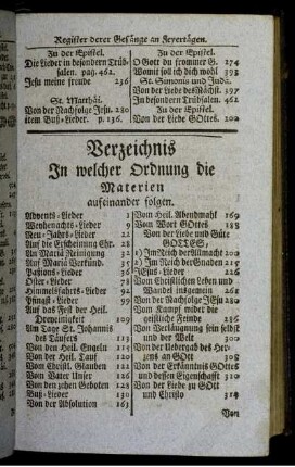 Verzeichnis in welcher Ordnung die Materien aufeinander folgen.