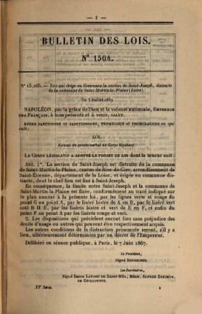 Bulletin des lois de la République Française. Partie principale. 30. 1867 = Sem. 2 = Nr. 1504 - 1532