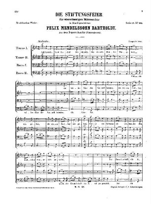 Felix Mendelssohn-Bartholdys Werke. 17,136. Nr. 136, Die Stiftungsfeier. - 3 S. - Pl.-Nr. M.B.136