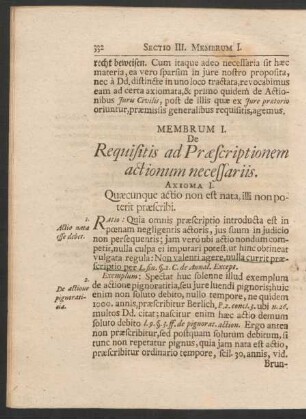 Membrum I. De Requisitis ad Praescriptionem actionum necessariis. Axioma I. - VII.