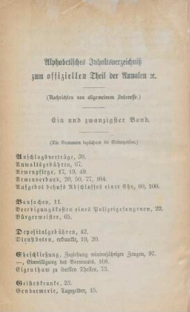 Alphabetisches Inhaltsverzeichniß zum offiziellen Theil der Annalen etc.