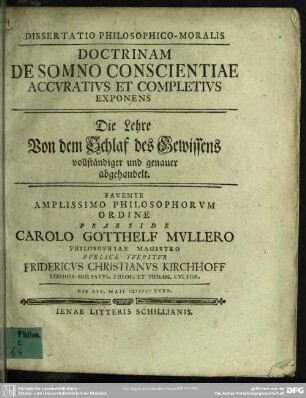 Dissertatio Philosophico-Moralis Doctrinam De Somno Conscientiae Accuratius Et Completius Exponens