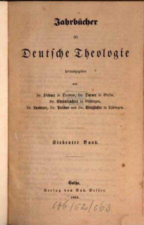 Jahrbücher für deutsche Theologie, 7. 1862