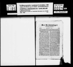 Zeitung "Der Verkündiger für Karlsruhe und Umgebung" vom 4. Januar bis 24. Juni 1849