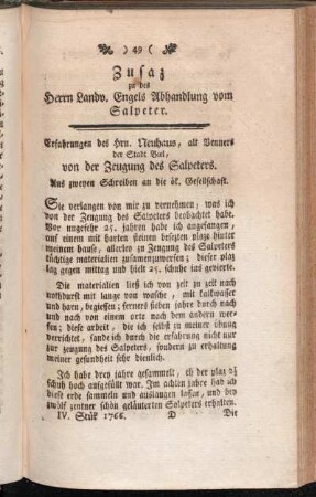 Zusaz zu des Herrn Landv. Engels Abhandlung vom Salpeter. Erfahrungen ... von der Zeugung des Salpeters : Aus zweyen Schreiben an die ök. Gesellschaft