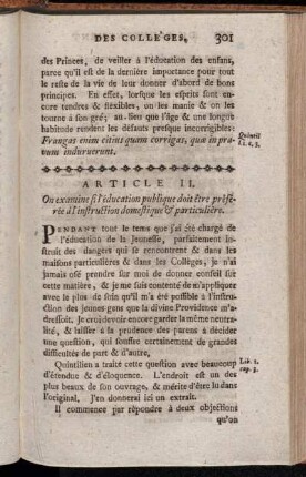 Article II. On examine si l'éducation publique doit être préférée à l'instruction domestique & particulière.