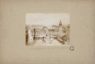 Großherzogliches Museum, Darmstadt: Perspektivische Ansicht mit Portal, Treppe und Auffahrt und Vorplatz, angrenzende Umgebung