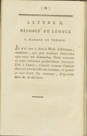 Lettre X. Réponse de Léonce à Mad. de Vernon.