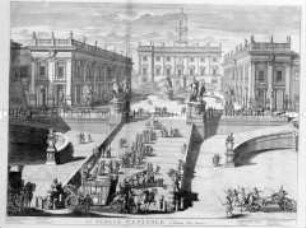 Capitol in Rom - Ansicht vom Capitolplatz mit den Skulpturen (wohl aus Mortier, Theatrum civitatum nach Blaeu)