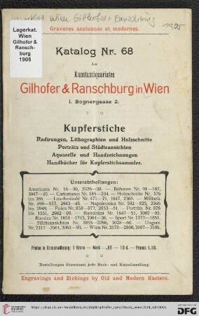 Nr. 68: Katalog: Kupferstiche : Radirungen, Lithographien und Holzschnitte, Porträts und Städteansichten, Aquarelle und Handzeichnungen, Handbücher für Kupferstichsammler