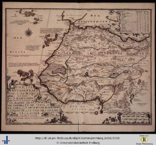 Partie occidentale de l’Afrique on se trouve la barbarie divisée en royaumes de Maroc, de Fez, d’Alger, de Tripoli, et de Tunis, et le Sara ou le Desert de Barbarie, La Nigritie ou le Pais de Negres et la Guinée.