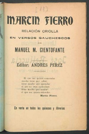 Martin Fierro : relación criolla en versos gauchescos