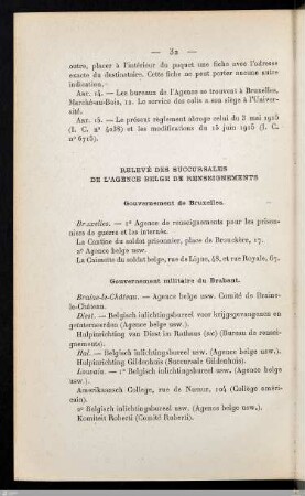 Relevé des succursales de l'Agence belge de renseignements