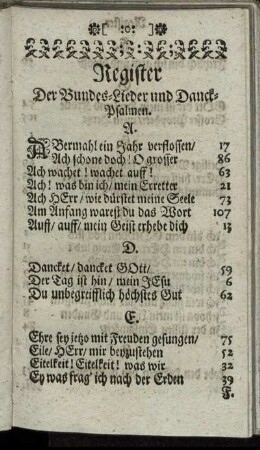 Register Der Bundes-Lieder und Danck-Psalmen.