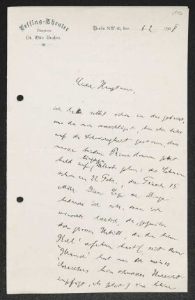 Brief von Otto Brahm von Lessing-Theater <Berlin> an Gerhart Hauptmann
