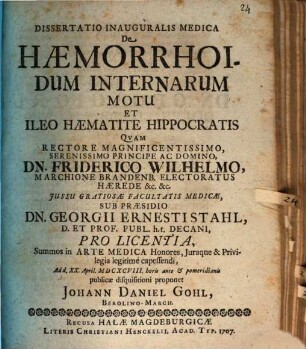 Diss. inaug. med. de haemorrhoidum internarum motu, et ileo haematite Hippocratis