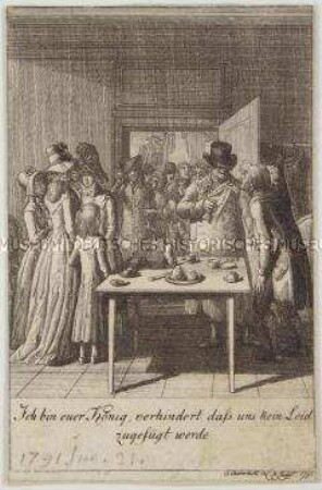 Die Verhaftung König Ludwigs XVI. von Frankreich - zweites Kupfer (von drei) zum historisch-genealogischen Almanach von 1793