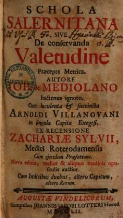 Schola Salernitana Sive De conservanda Valetudine Præcepta Metrica