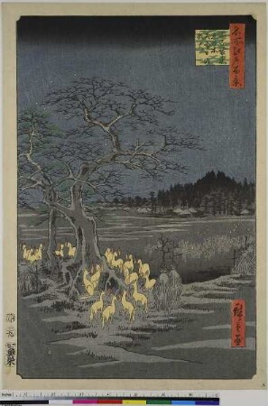 Fuchsirrlichter am Silvesterabend am Shozoku-Nesselbaum in Ōji, Blatt 118 aus der Serie: 100 berühmte Ansichten von Edo
