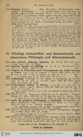 IV. Wichtige Zeitschriften und Sammelwerke zur klassischen Philologie und Altertumskunde (Nr. 2184 - 2226)