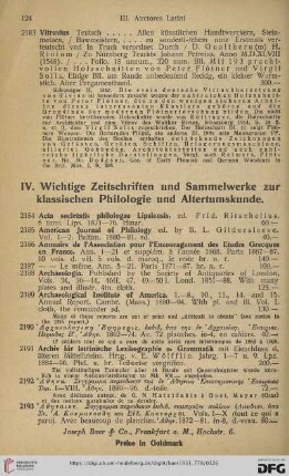 IV. Wichtige Zeitschriften und Sammelwerke zur klassischen Philologie und Altertumskunde (Nr. 2184 - 2226)