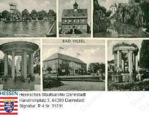 Bad Vilbel, Ansichten / 1. Reihe v.l.n.r.: Schwimmbad, Rathaus, Nidda-Partie / 2. Reihe v.l.n.r.: Friedrich-Karl-Sprudel, Kurhaus, Hassia-Sprudel
