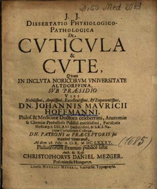 Dissertatio Physiologico-Pathologica De Cvticvla & Cvte